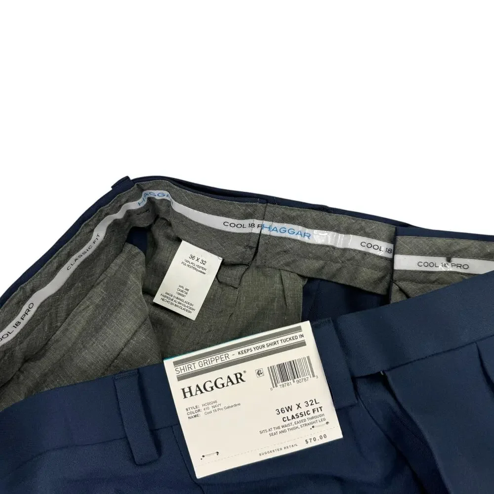 Haggar Mens Cool 18 Pro Classic Fit Pleated Stretch Dress Pants Navy Blue 36x32